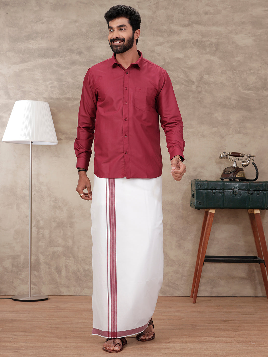 Mens Maroon Matching Border Dhoti & Full Sleeves Shirt Set BB5