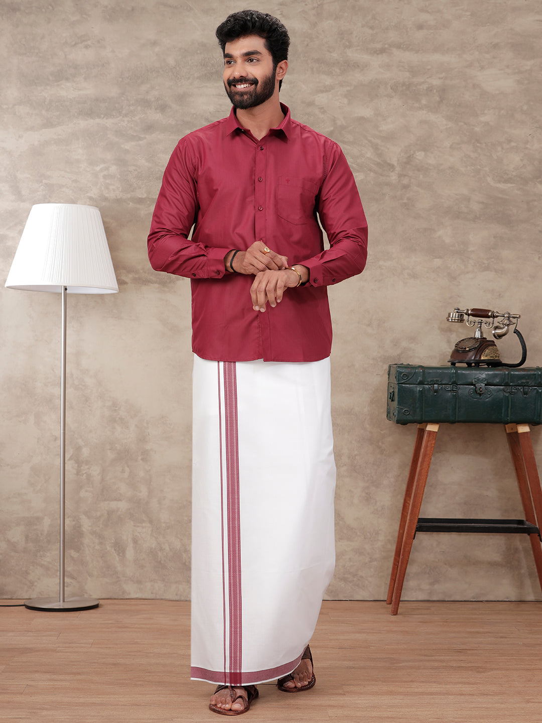 Mens Maroon Matching Border Dhoti & Full Sleeves Shirt Set BB5