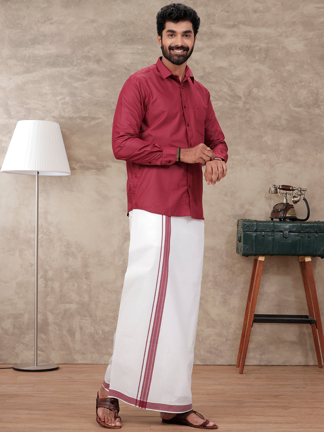 Mens Maroon Matching Border Dhoti & Full Sleeves Shirt Set BB5