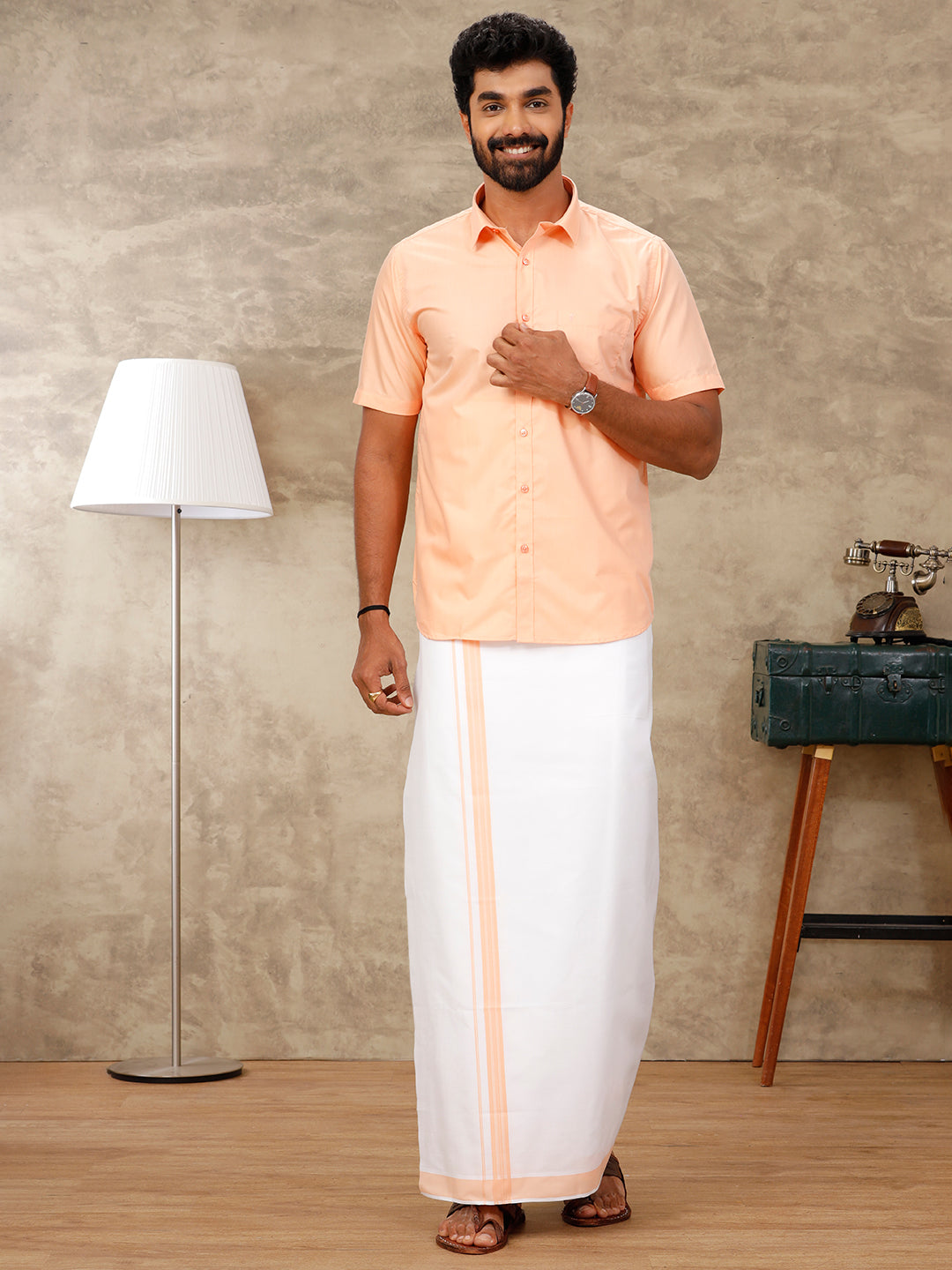 Mens Peach Matching Border Dhoti & Half Sleeves Shirt Set BB3