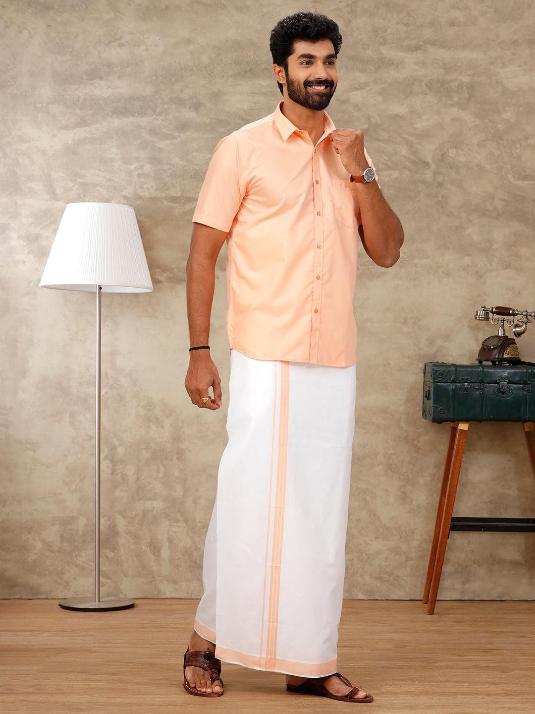 Men Peach Matching Border Dhoti & Half Sleeves Shirt Set BB3