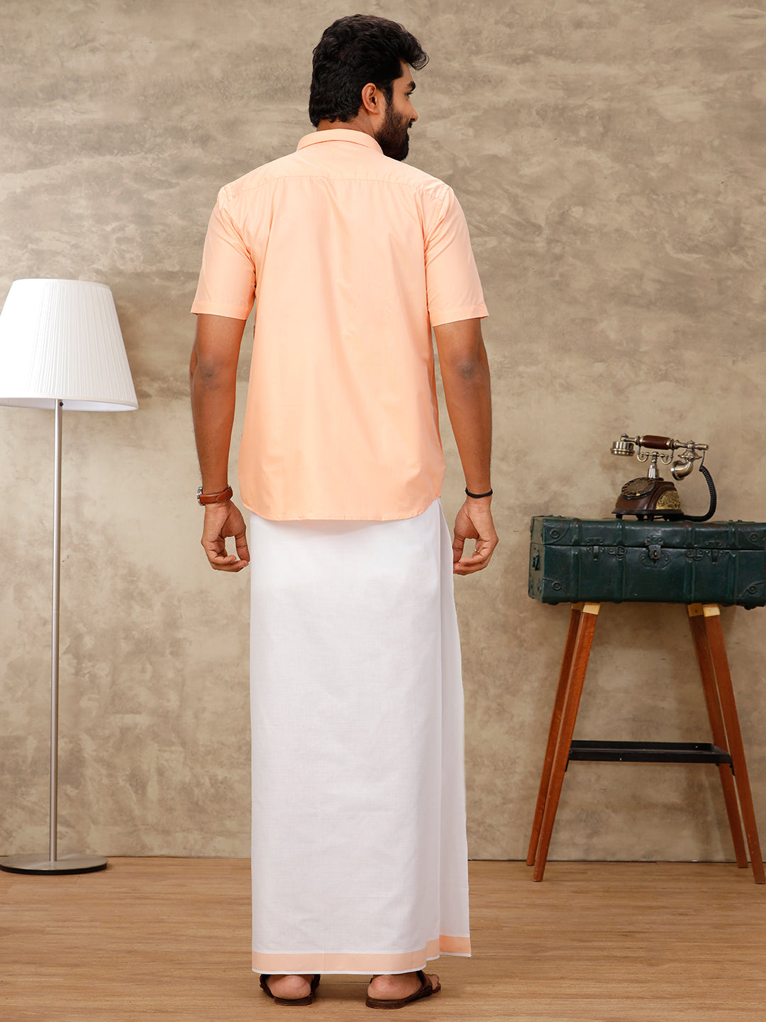 Mens Peach Matching Border Dhoti & Half Sleeves Shirt Set BB3