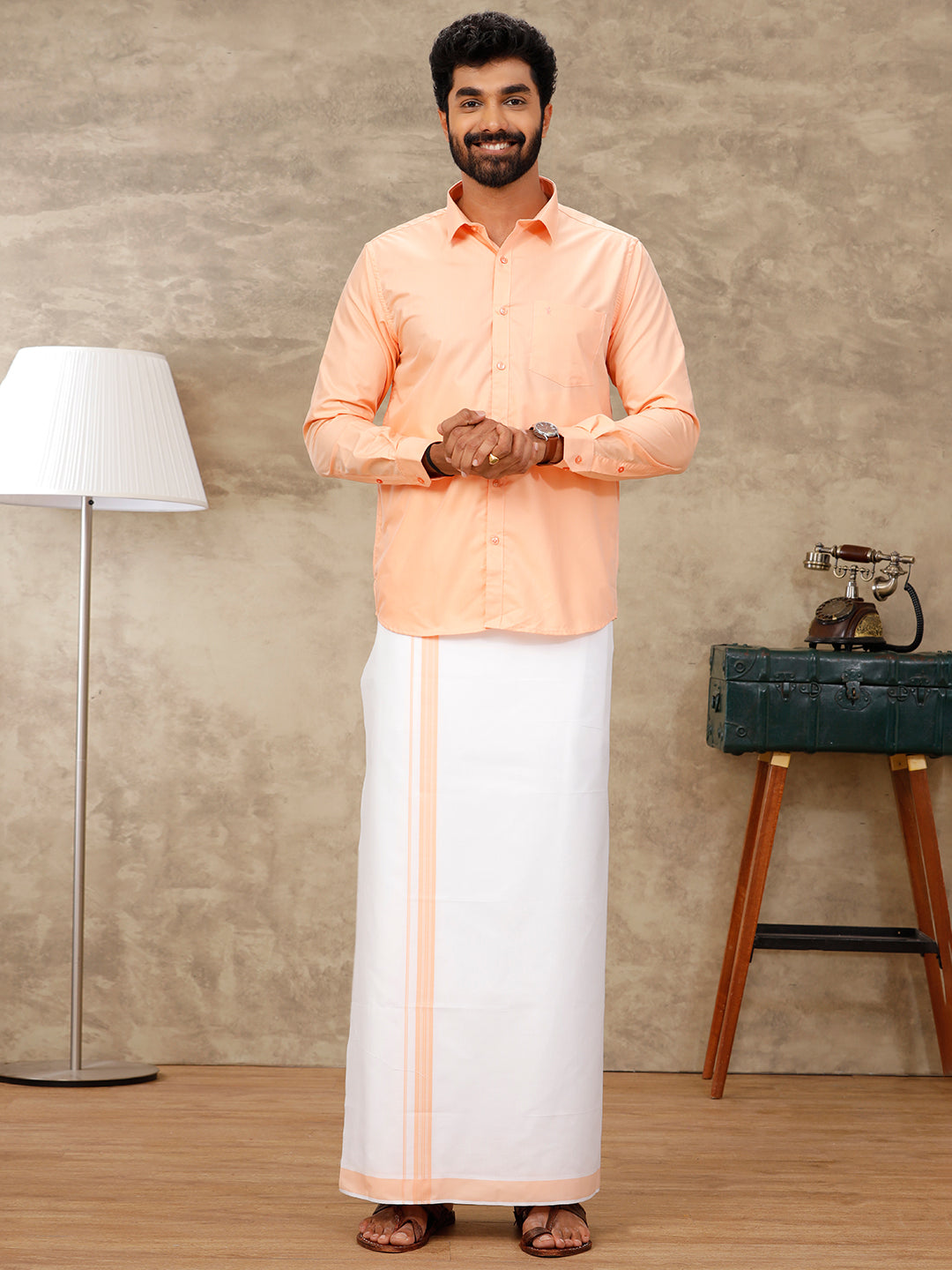 Mens Peach Matching Border Dhoti & Full Sleeves Shirt Set BB3