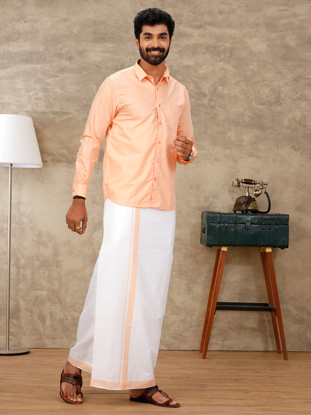 Mens Peach Matching Border Dhoti & Full Sleeves Shirt Set BB3