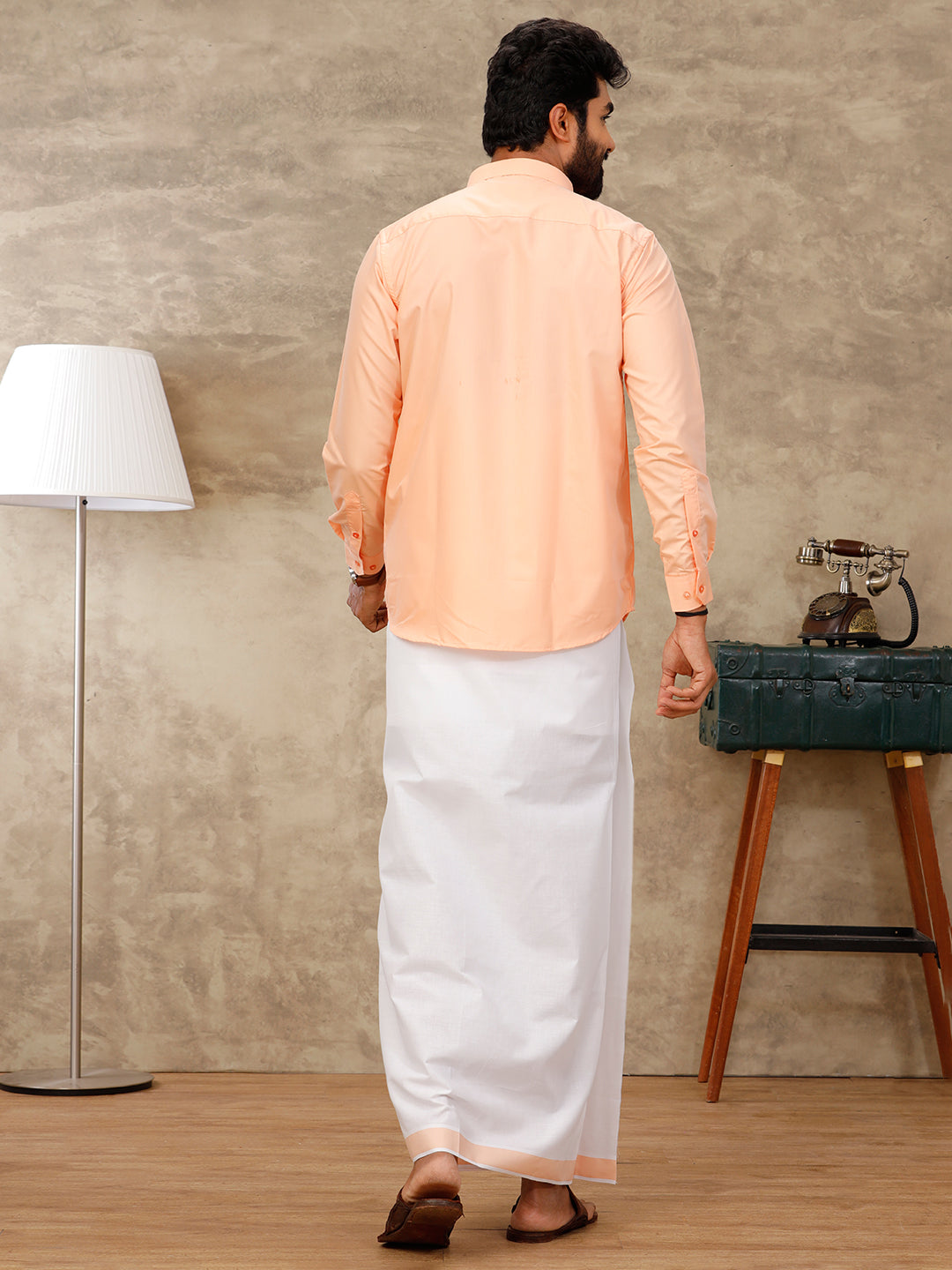 Mens Peach Matching Border Dhoti & Full Sleeves Shirt Set BB3