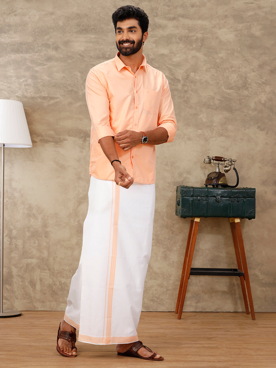 Mens Peach Matching Border Dhoti & Full Sleeves Shirt Set BB3