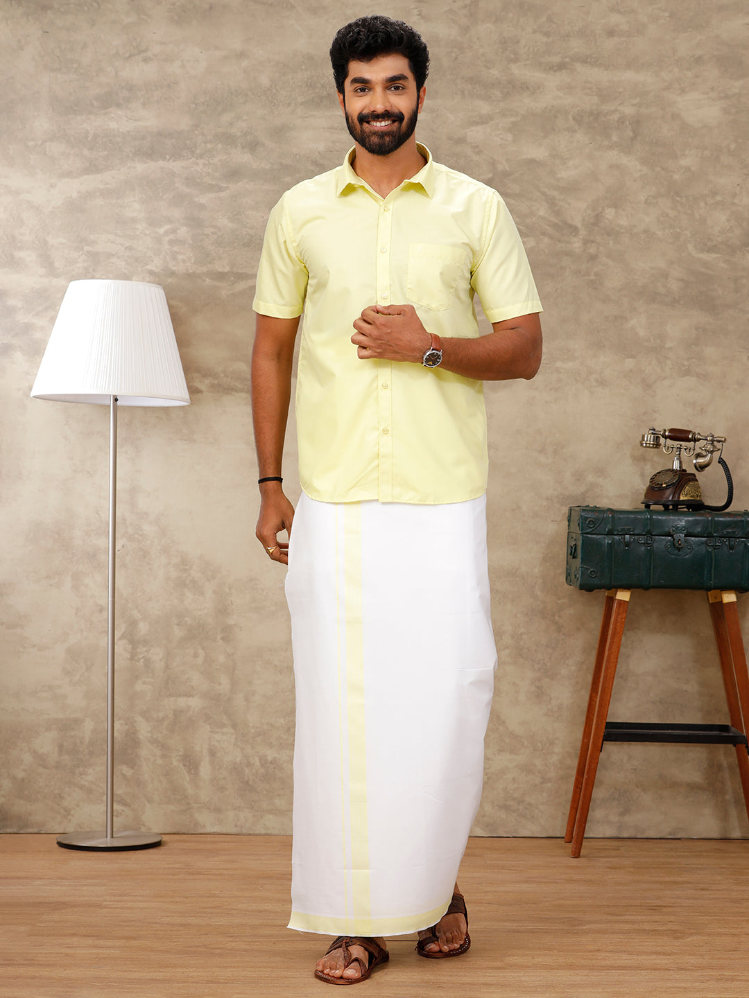 Men Laser Lemon Matching Border Dhoti & Half Sleeves Shirt Set BB1