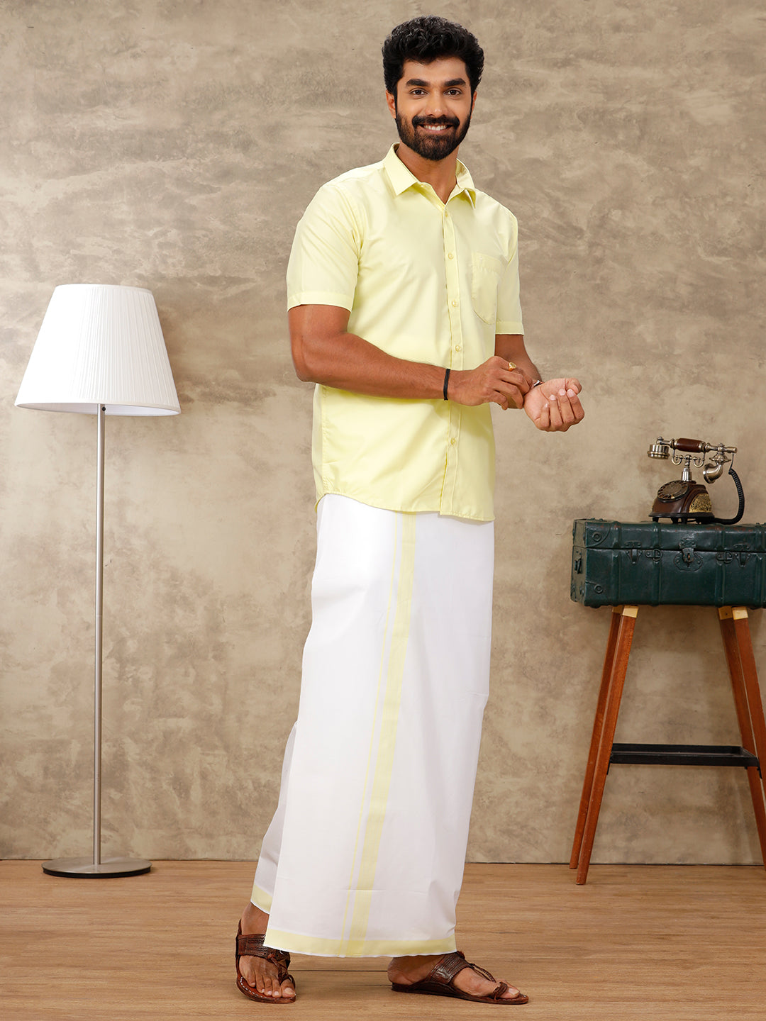 Mens Laser Lemon Matching Border Dhoti & Half Sleeves Shirt Set BB1