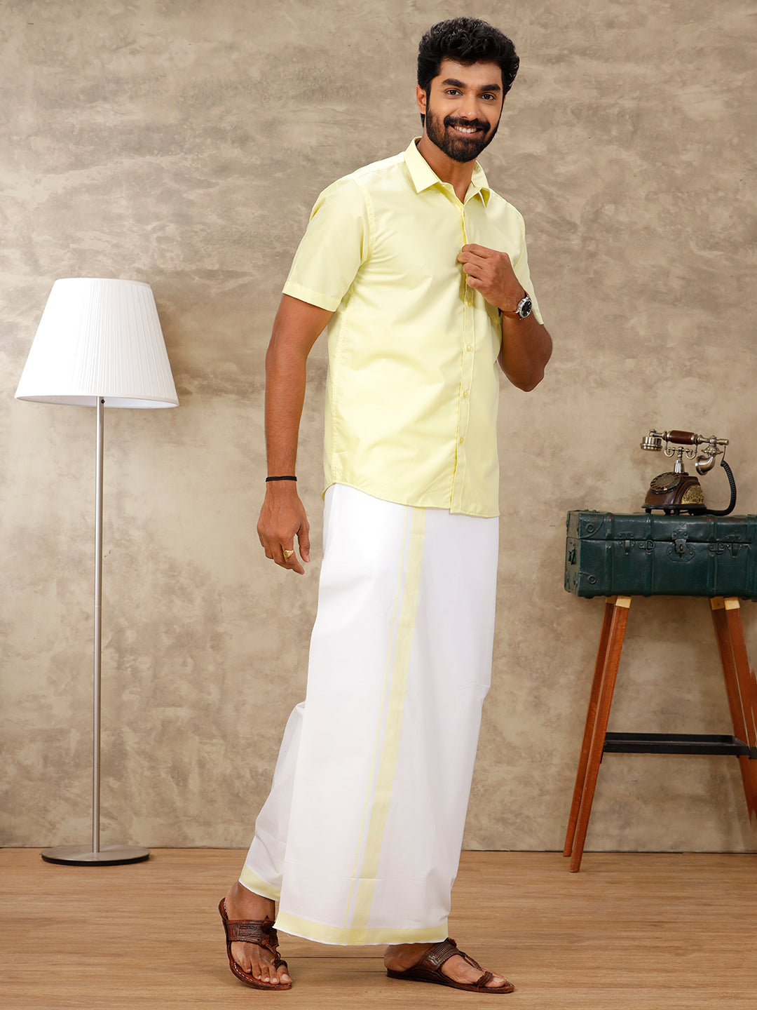 Men Laser Lemon Matching Border Dhoti & Half Sleeves Shirt Set BB1