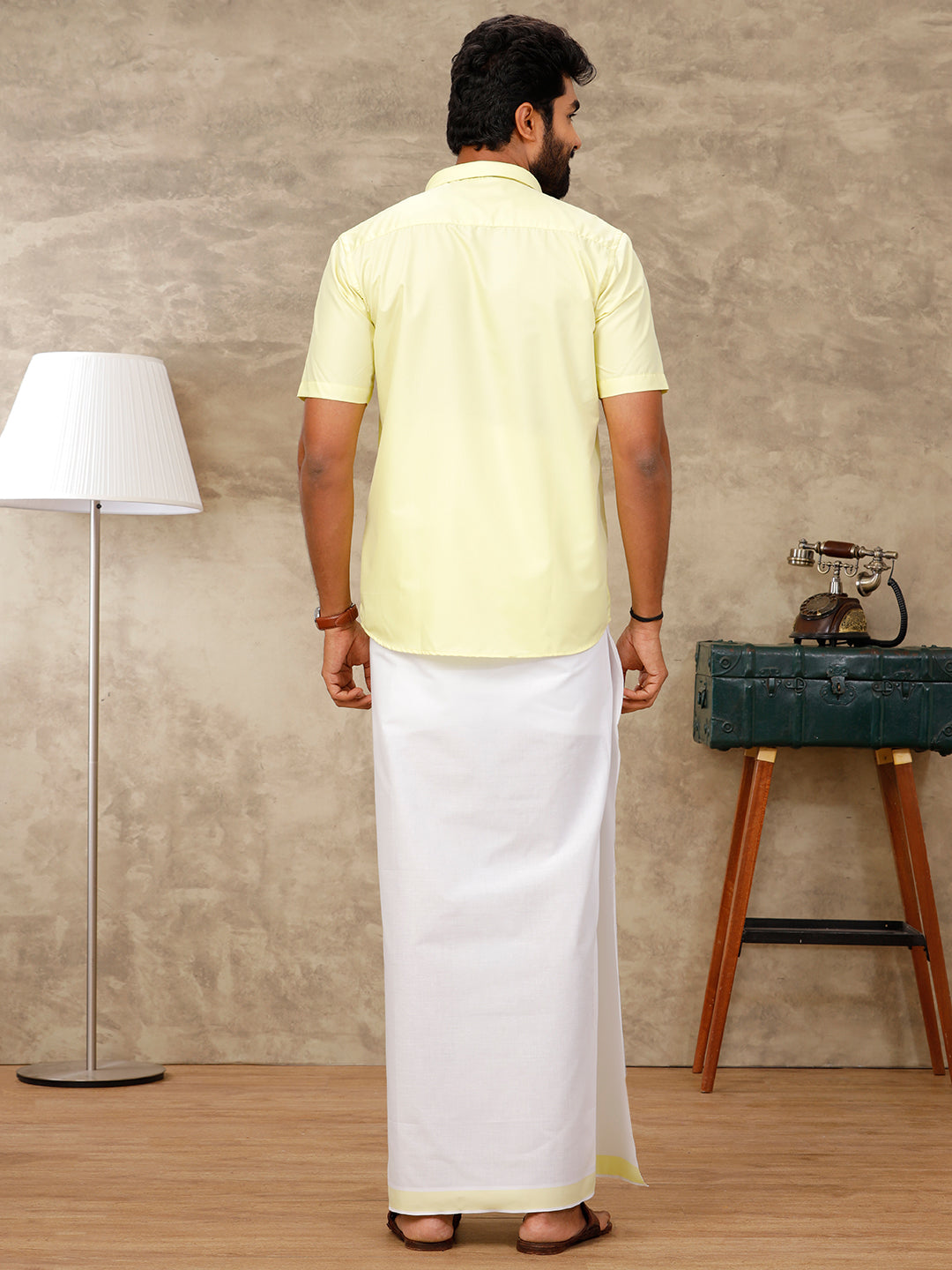 Men Laser Lemon Matching Border Dhoti & Half Sleeves Shirt Set BB1