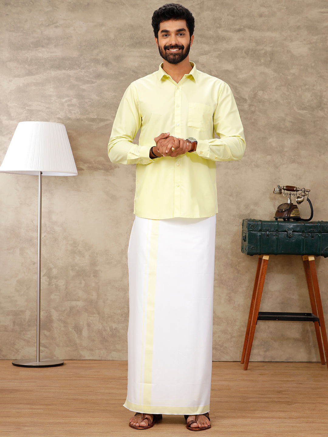 Men Laser Lemon Matching Border Dhoti & Full Sleeves Shirt Set BB1