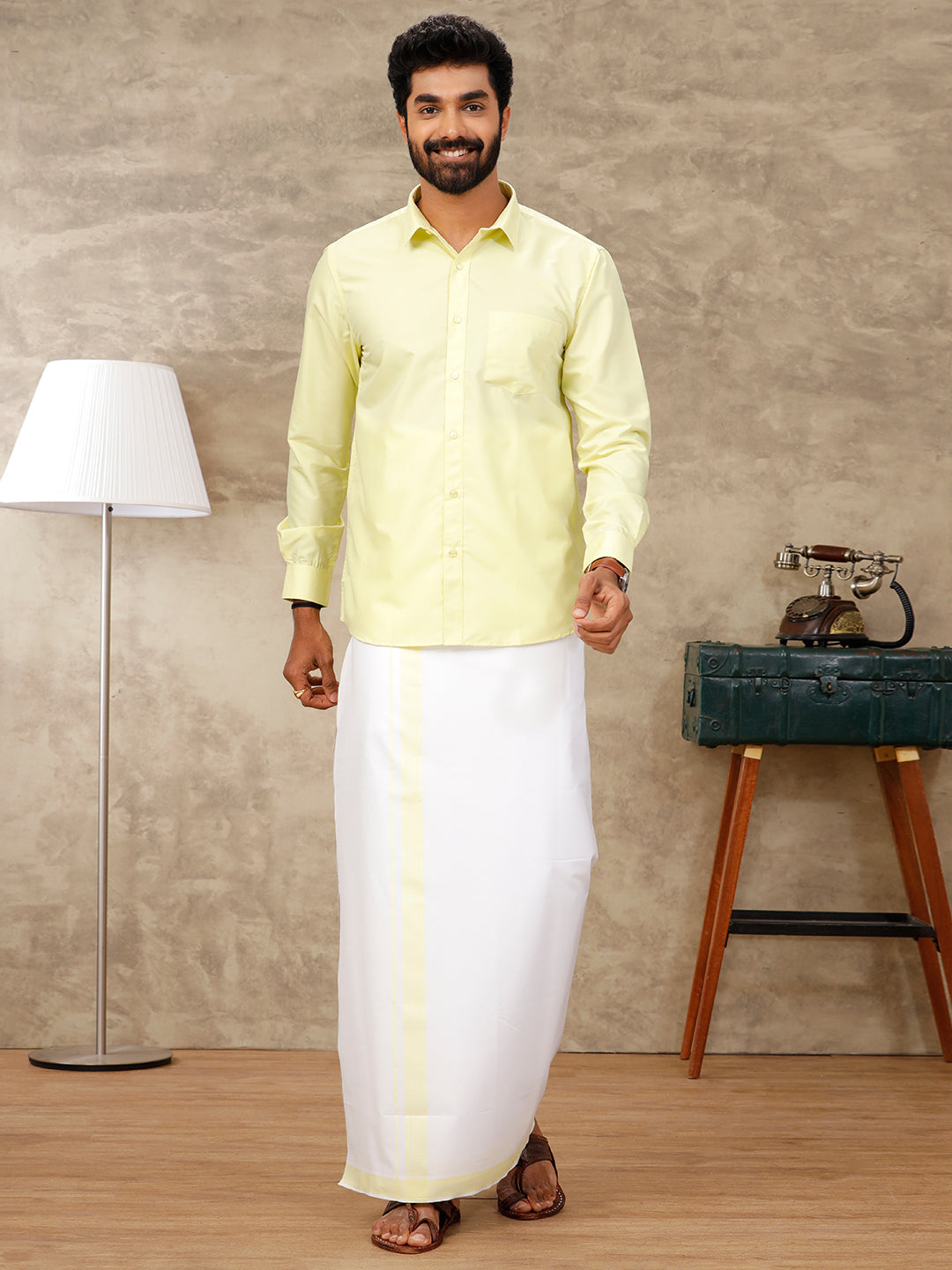 Men Laser Lemon Matching Border Dhoti & Full Sleeves Shirt Set BB1