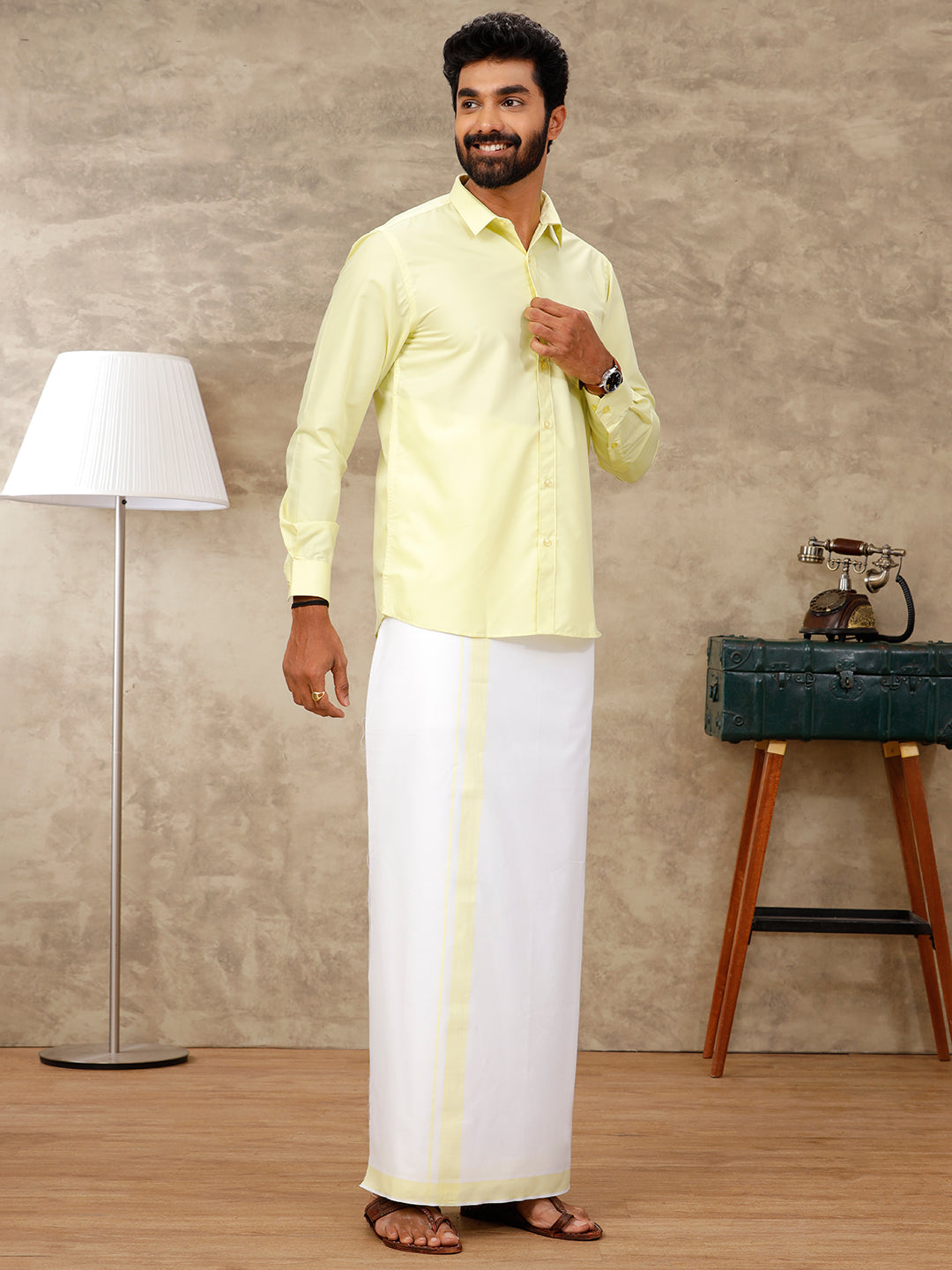 Men Laser Lemon Matching Border Dhoti & Full Sleeves Shirt Set BB1