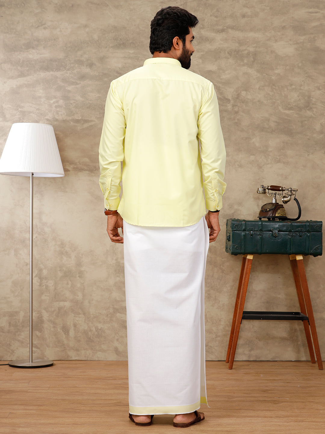 Men Laser Lemon Matching Border Dhoti & Full Sleeves Shirt Set BB1