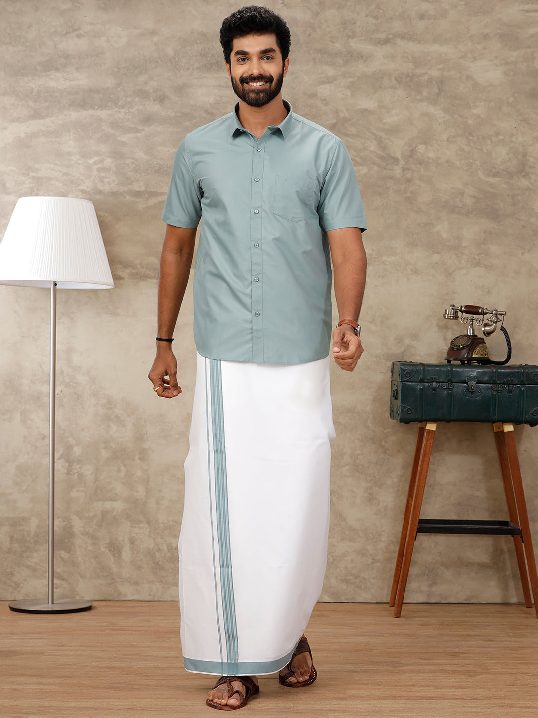 Men Green Matching Border Dhoti & Half Sleeves Shirt Set BB9