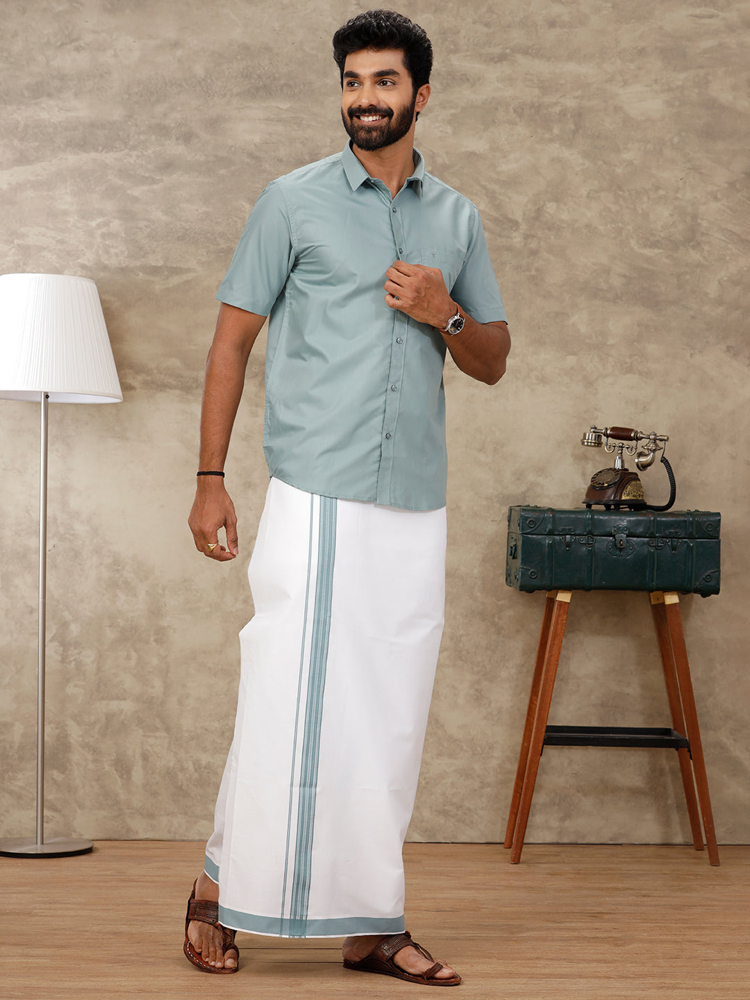 Mens Green Matching Border Dhoti & Half Sleeves Shirt Set BB9