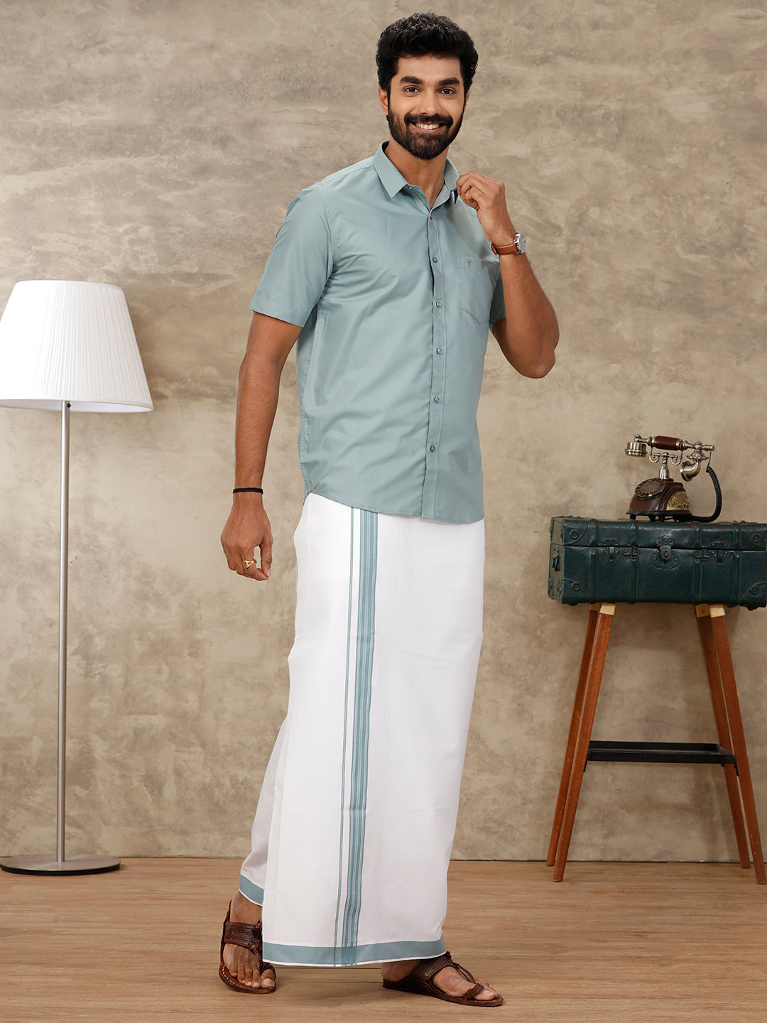 Mens Green Matching Border Dhoti & Half Sleeves Shirt Set BB9