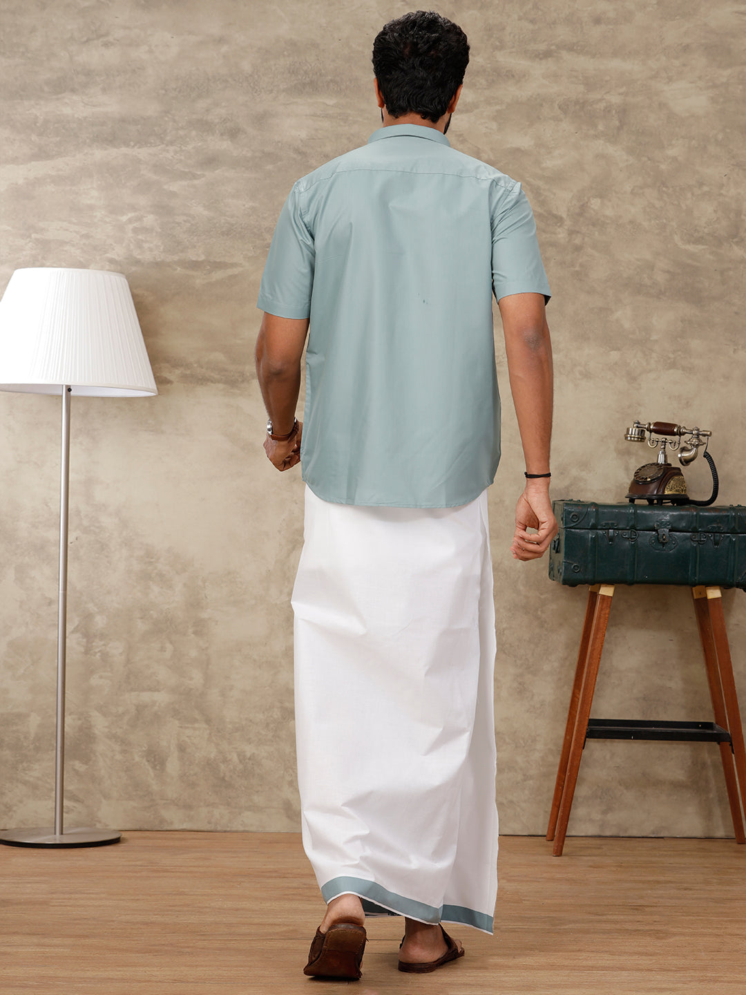 Mens Green Matching Border Dhoti & Half Sleeves Shirt Set BB9