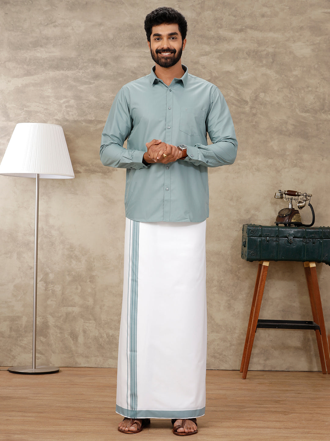 Mens Green Matching Border Dhoti & Full Sleeves Shirt Set BB9