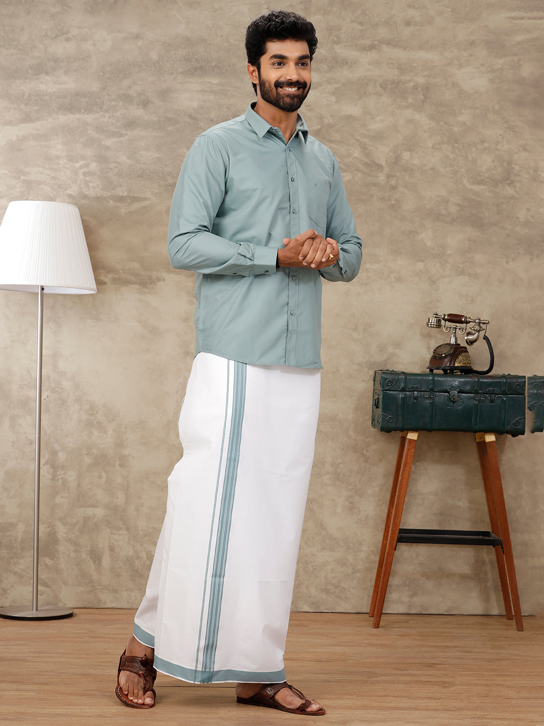 Men Green Matching Border Dhoti & Full Sleeves Shirt Set BB9