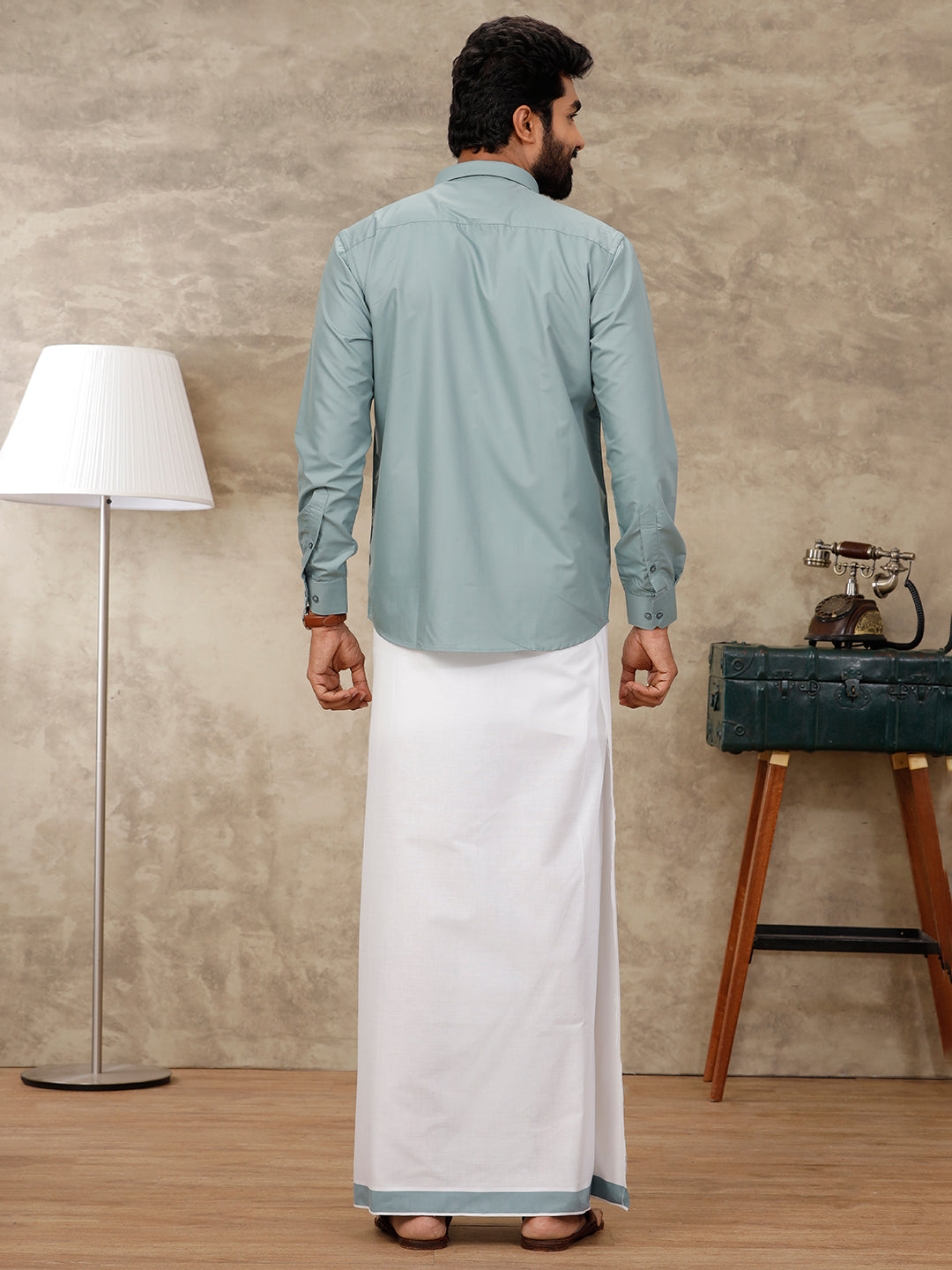 Men Green Matching Border Dhoti & Full Sleeves Shirt Set BB9