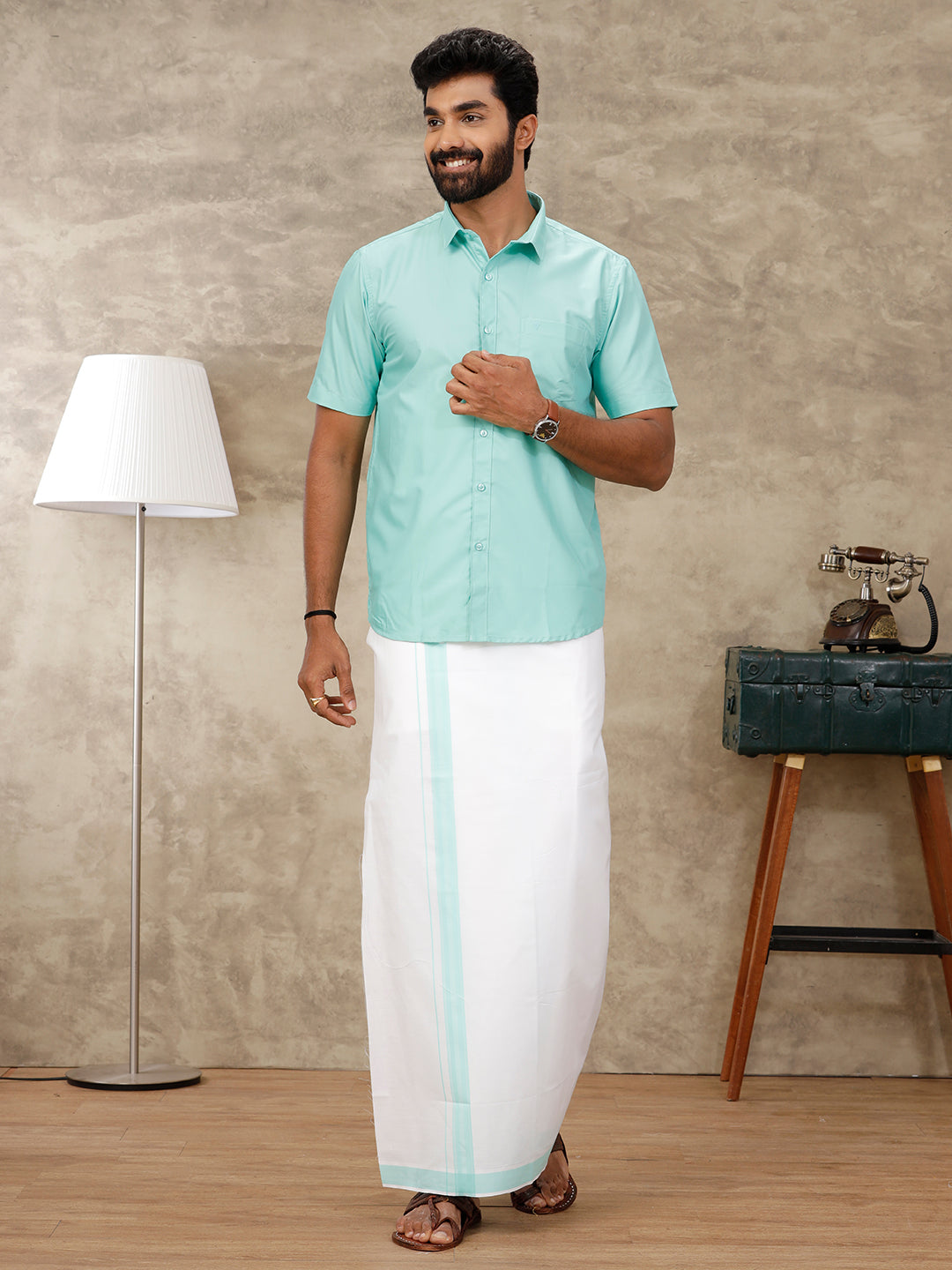 Mens Fountain Blue Matching Border Dhoti & Half Sleeves Shirt Set BB2