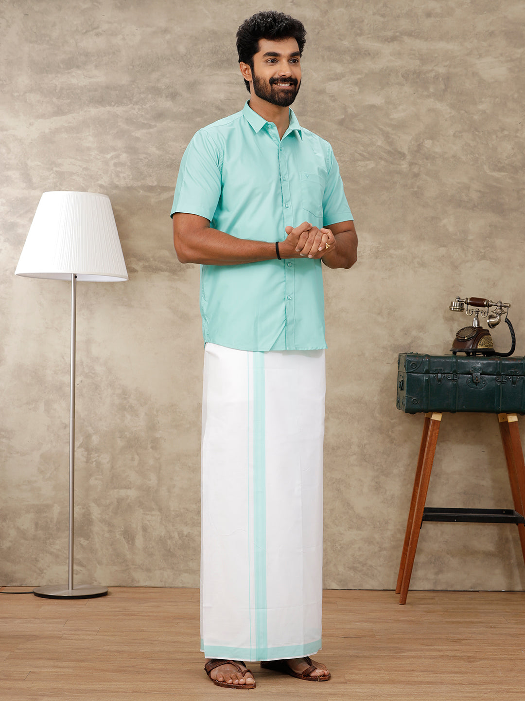 Men Fountain Blue Matching Border Dhoti & Half Sleeves Shirt Set BB2