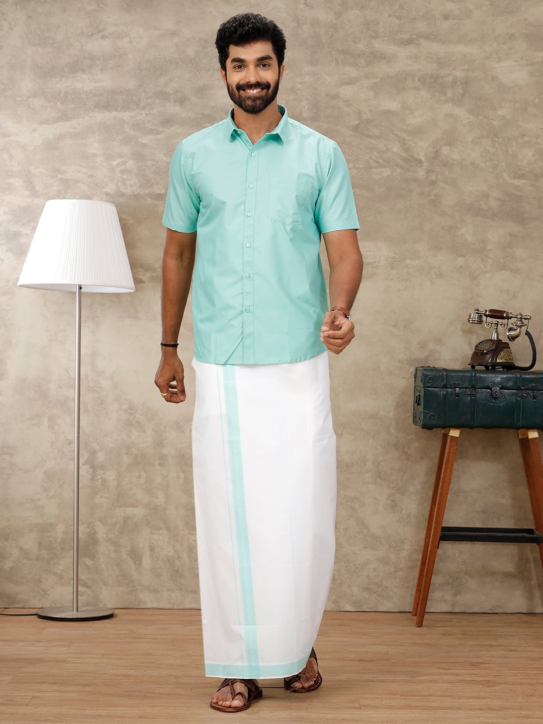 Men Fountain Blue Matching Border Dhoti & Half Sleeves Shirt Set BB2