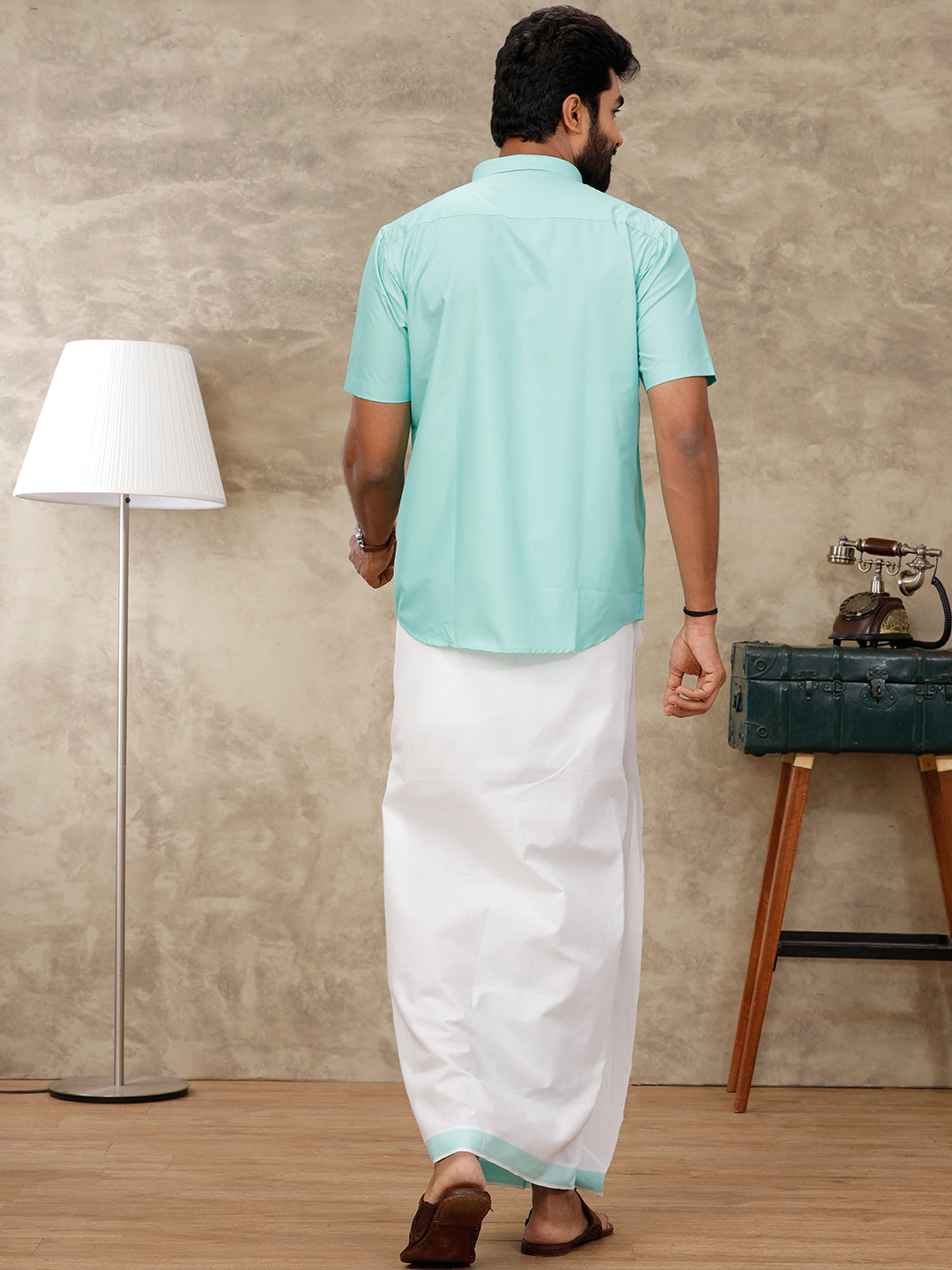 Men Fountain Blue Matching Border Dhoti & Half Sleeves Shirt Set BB2