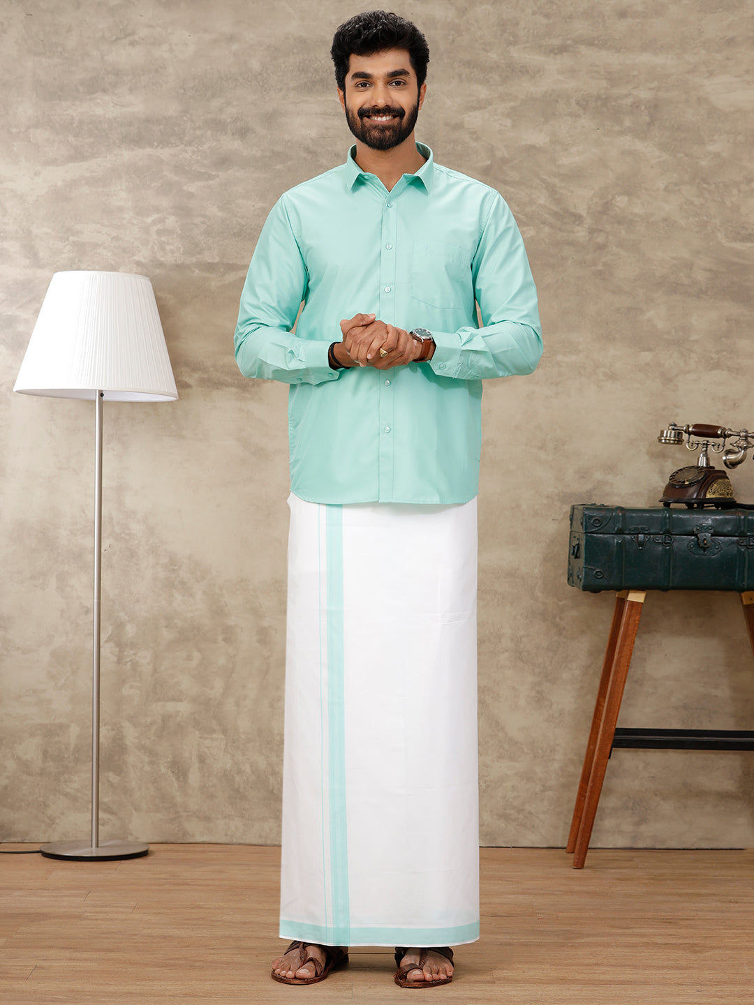 Men Fountain Blue Matching Border Dhoti & Shirt Set BB2