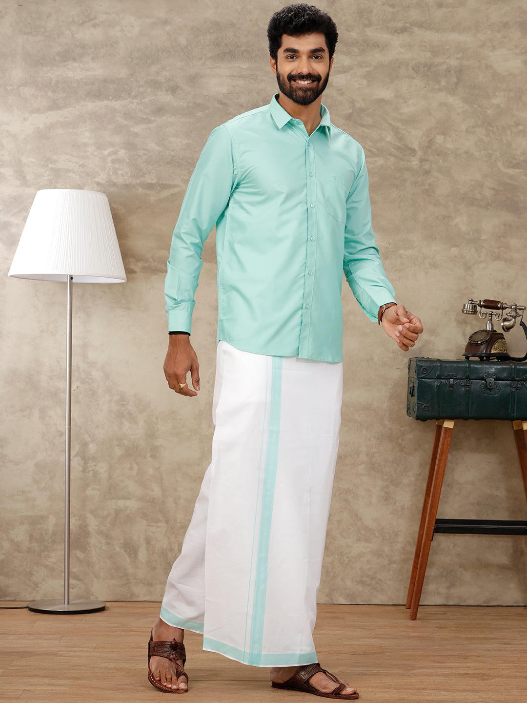 Men Fountain Blue Matching Border Dhoti & Full Sleeves Shirt Set BB2