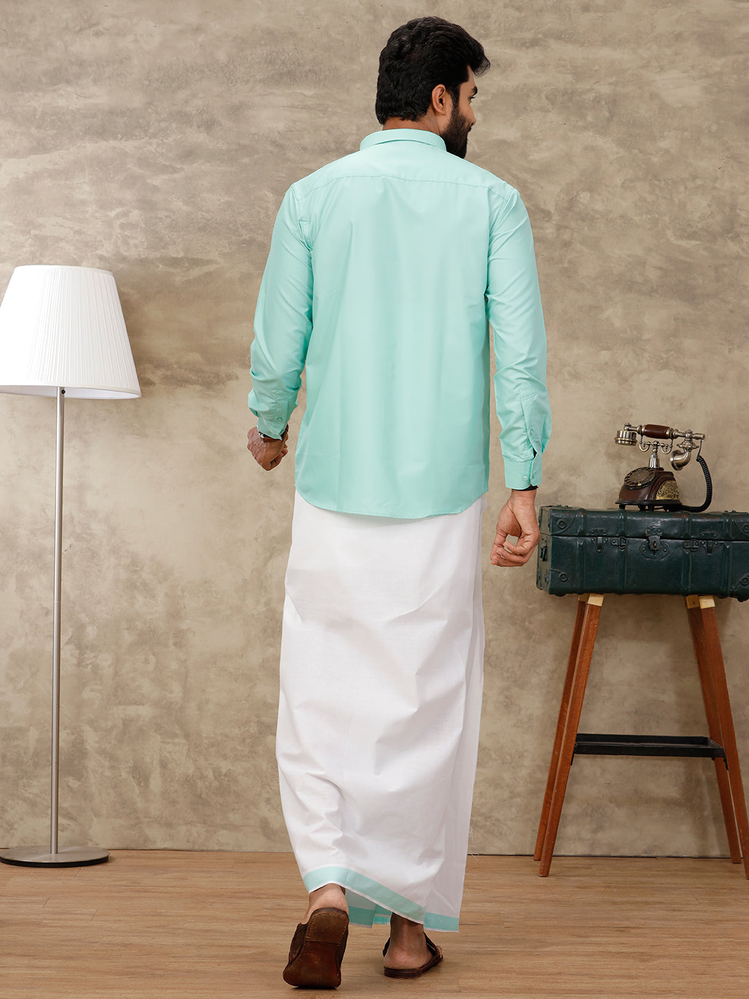 Mens Fountain Blue Matching Border Dhoti & Full Sleeves Shirt Set BB2