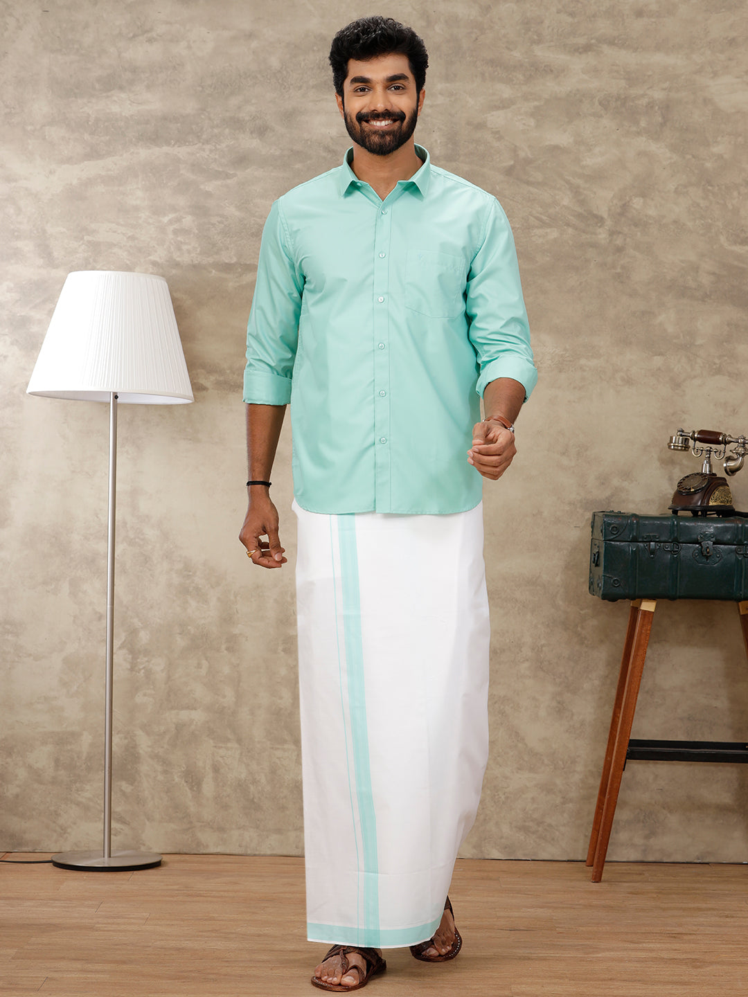 Mens Fountain Blue Matching Border Dhoti & Full Sleeves Shirt Set BB2