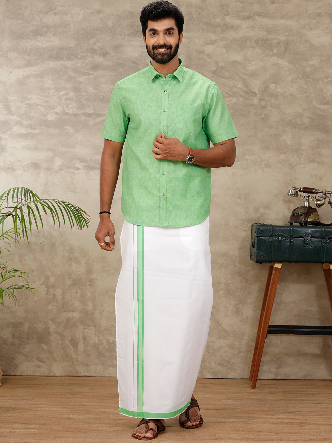 Men Matching Dhoti & Shirt Set Green CC6