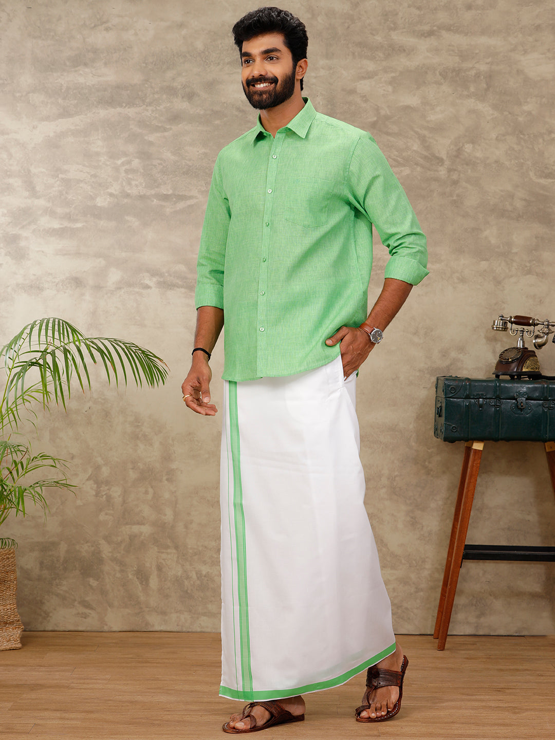 Couple Combo Shirt & Dhoti Set with Saree Green PCS171
