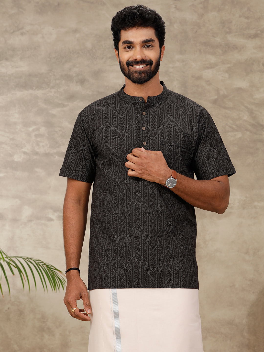 Mens Short Length Pocket Kurta Black OC19