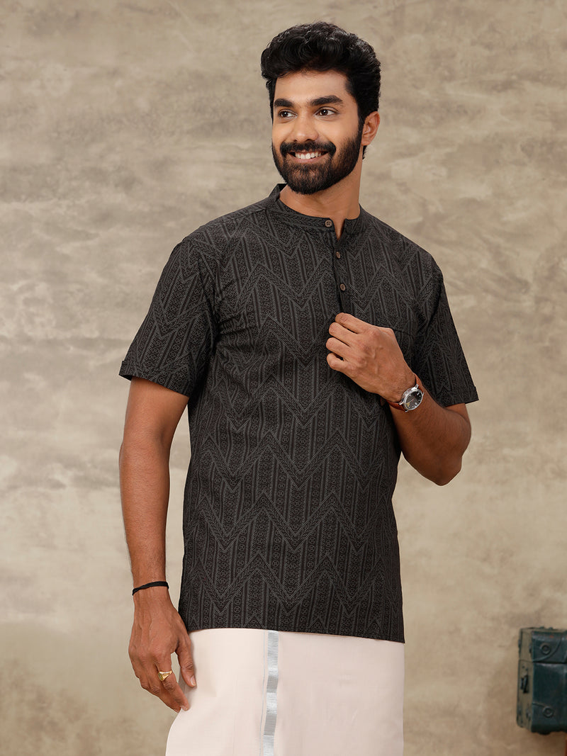 Ramraj Men Cotton Short Length Printed Pocket Kurta Black OC19