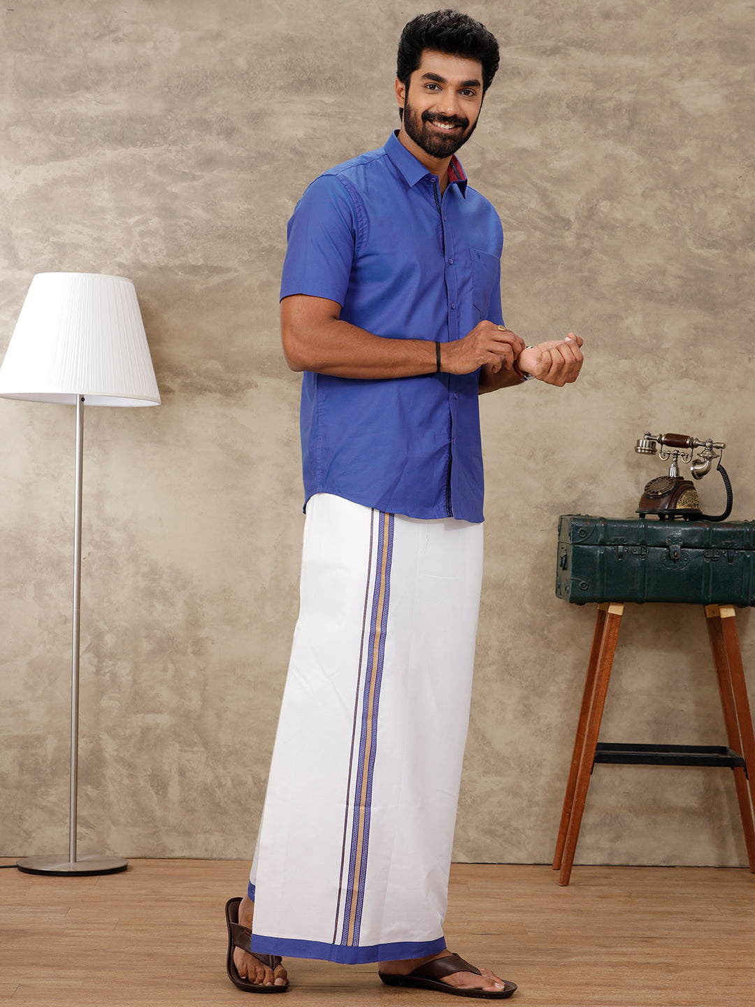 Mens Cotton Matching Border Dhoti & Half Sleeves Shirt Blue Set GL17