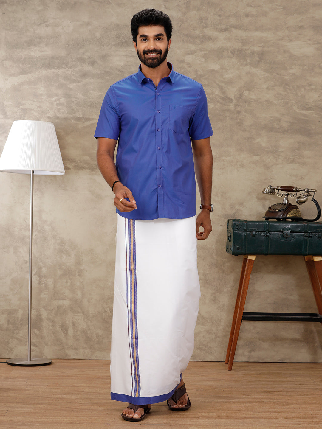 Men Cotton Matching Border Dhoti & Half Sleeves Shirt Blue Set GL17