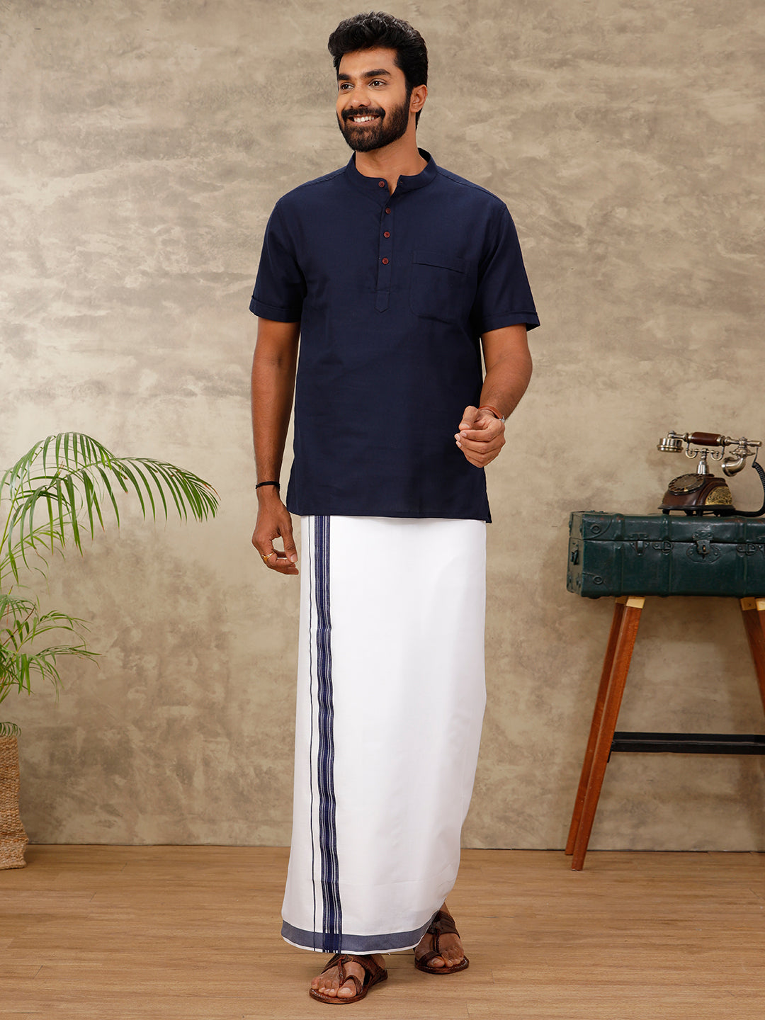 Men Cotton Blend Single Layer White Dhoti with Fancy Border PB20