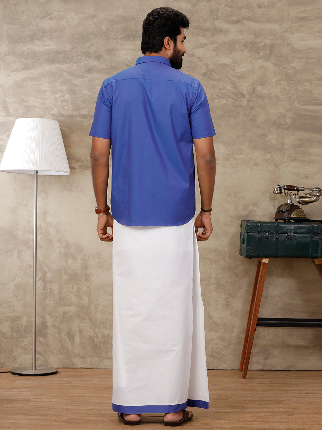 Men Cotton Matching Border Dhoti & Half Sleeves Shirt Blue Set GL17