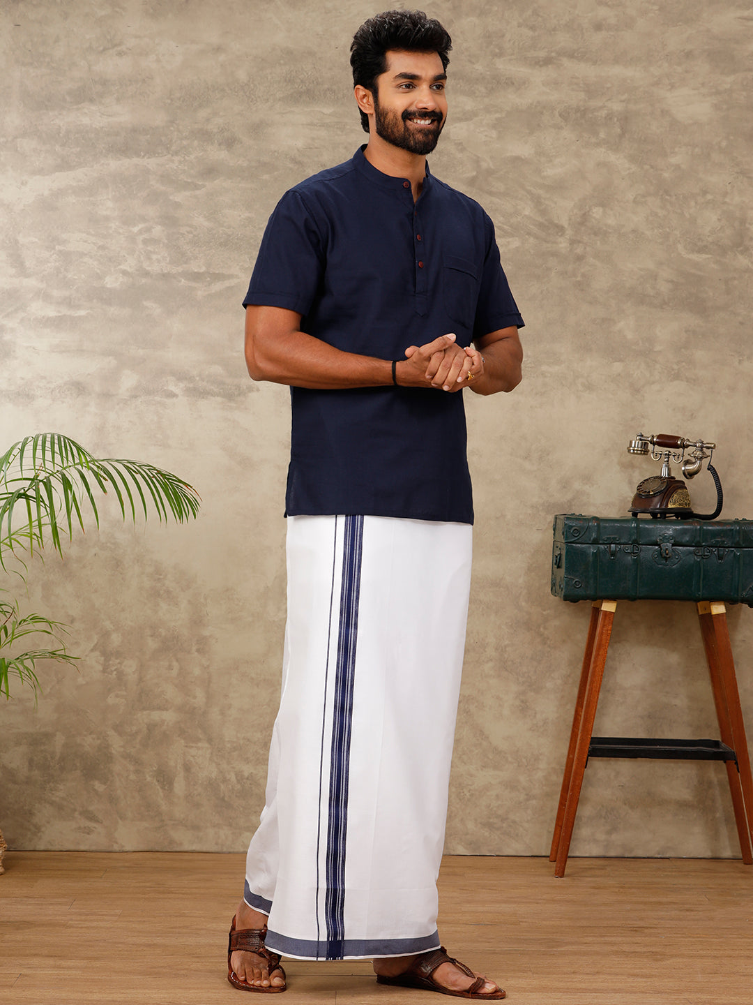 Mens Short Length Pocket Kurta Navy Blue PB20