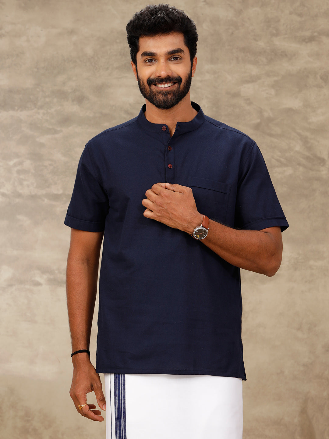 Mens Short Length Pocket Kurta Navy Blue PB20