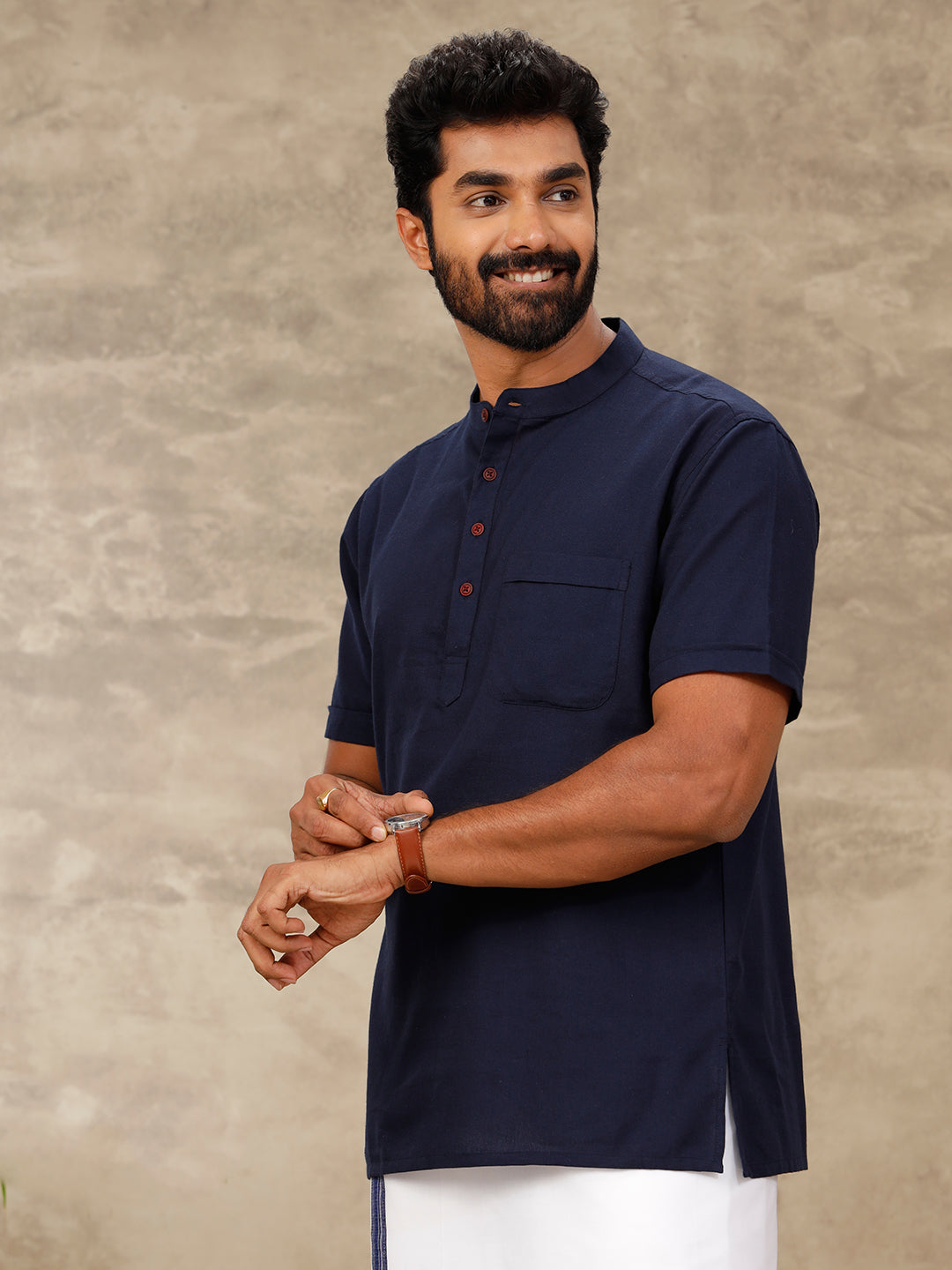 Mens Short Length Pocket Kurta Navy Blue PB20