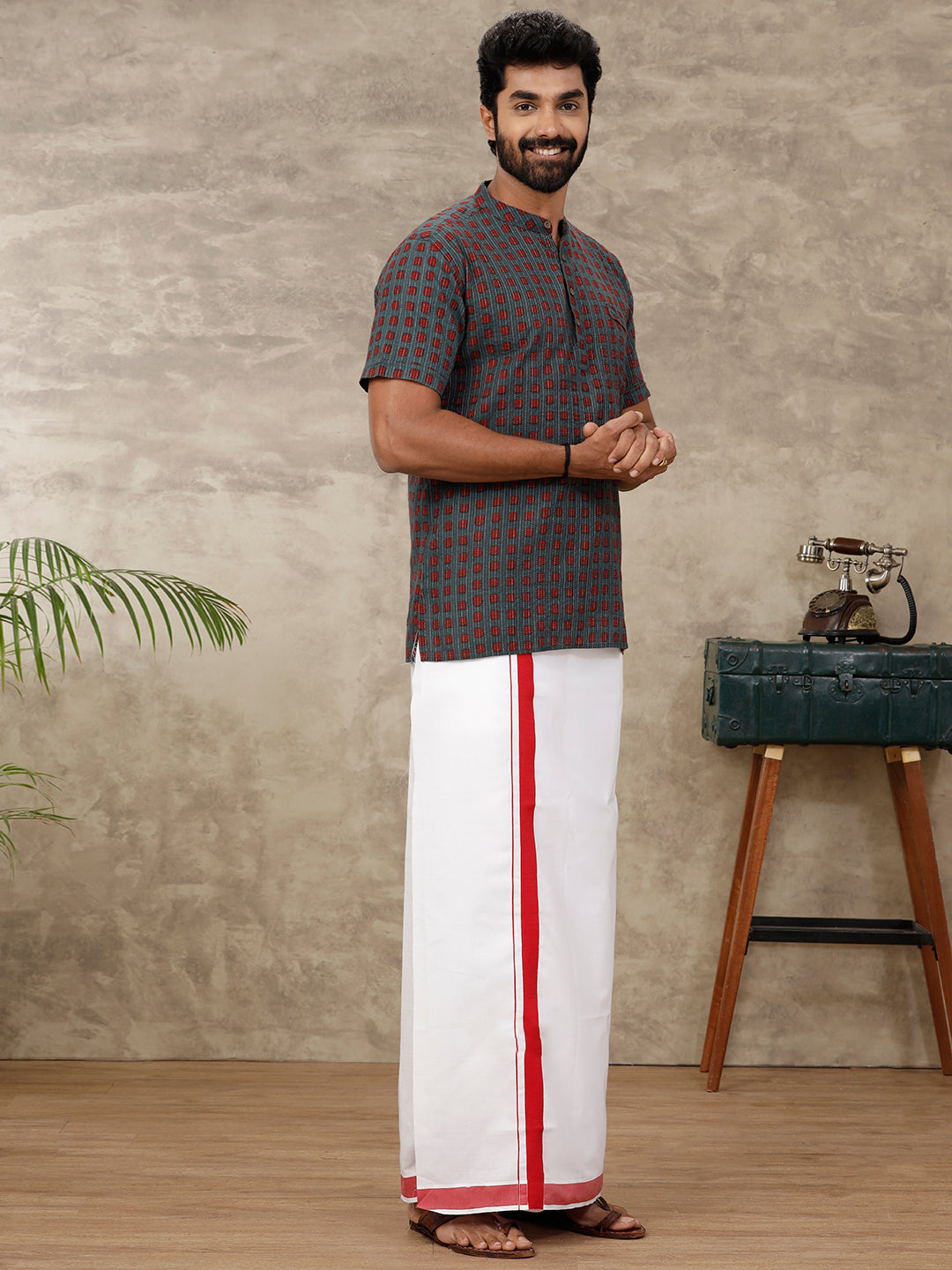 Men Single Layer Dhoti with Matching Kurta Set Red OC1