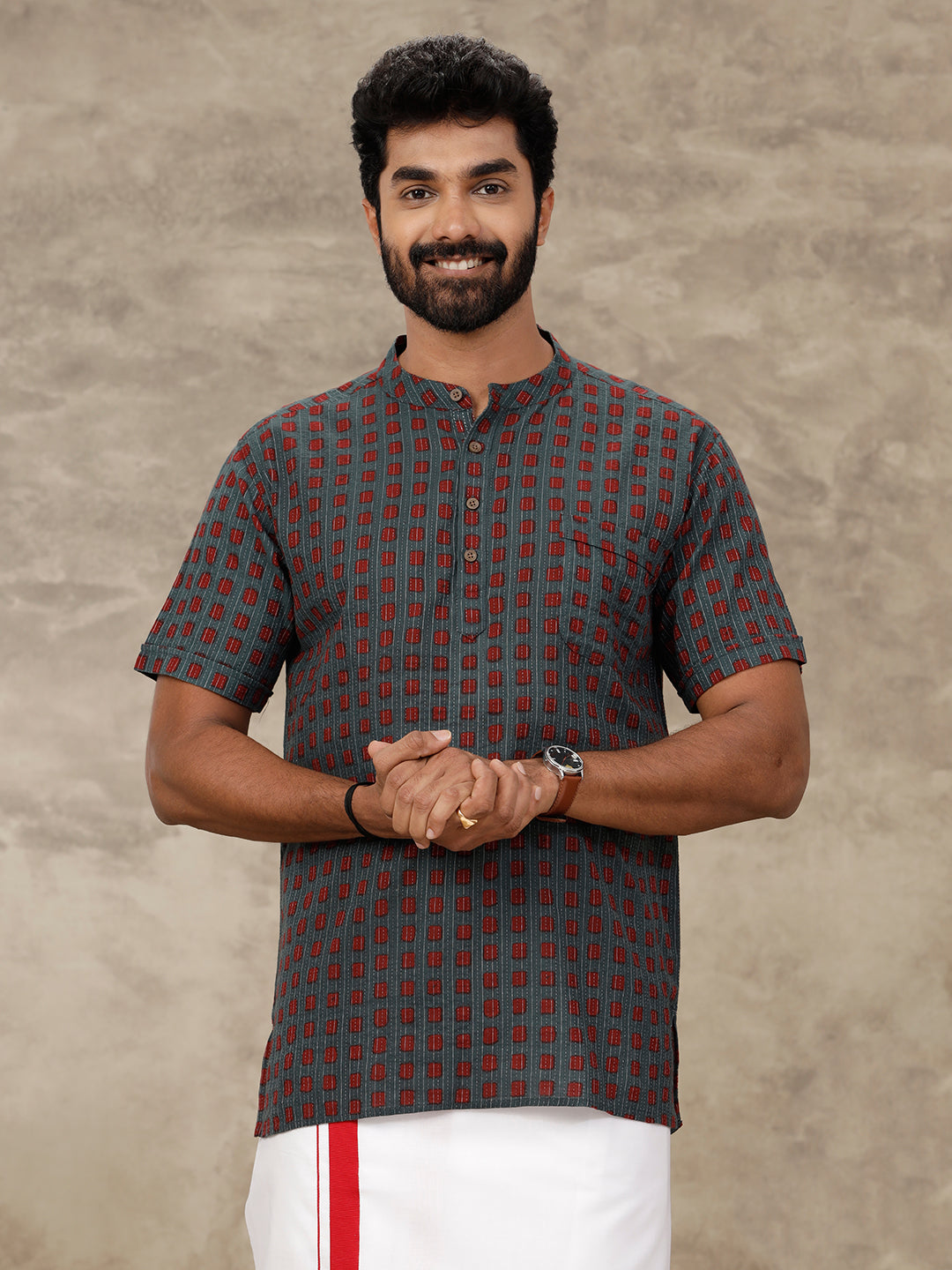 Men Short Length Pocket Kurta Greenish Red OC1