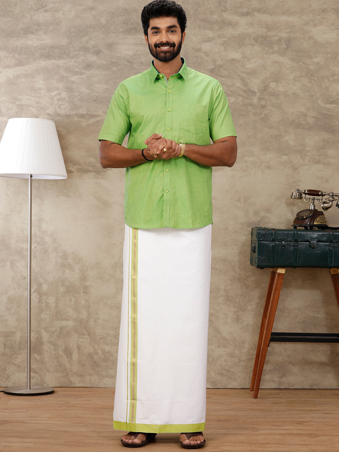 Mens Cotton Matching Border Dhoti & Half Sleeves Shirt Parrot Green Set GL2