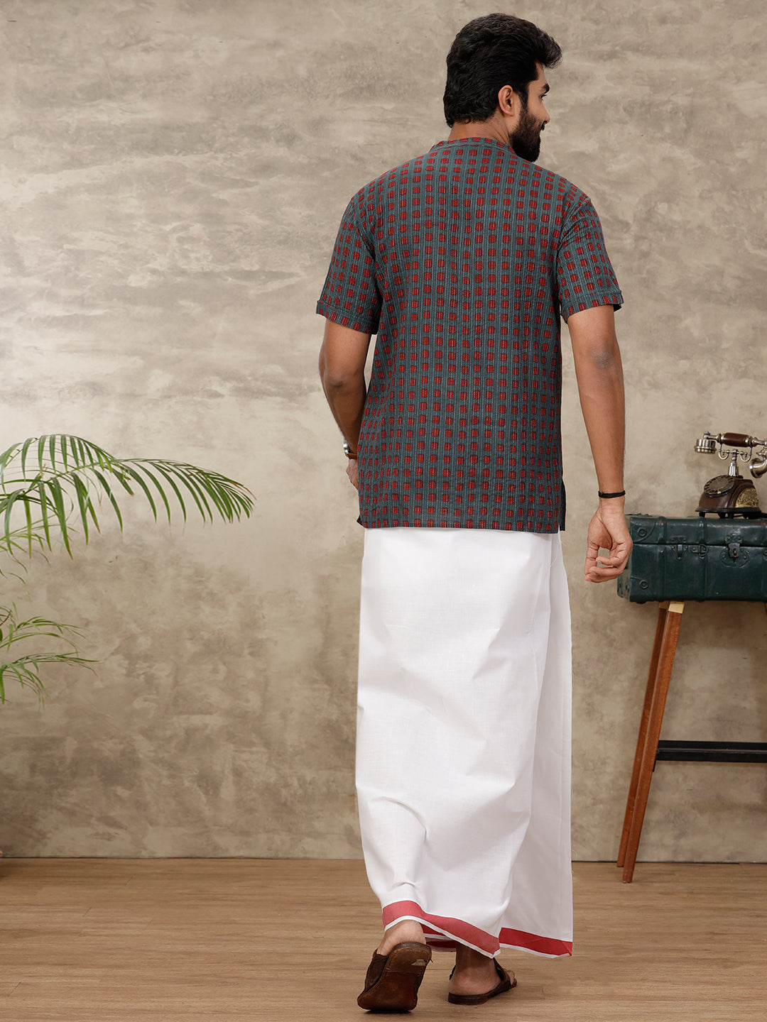 Men Single Layer Dhoti with Matching Kurta Set Red OC1