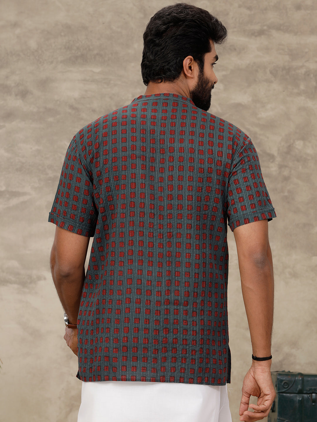 Men Short Length Pocket Kurta Greenish Red OC1