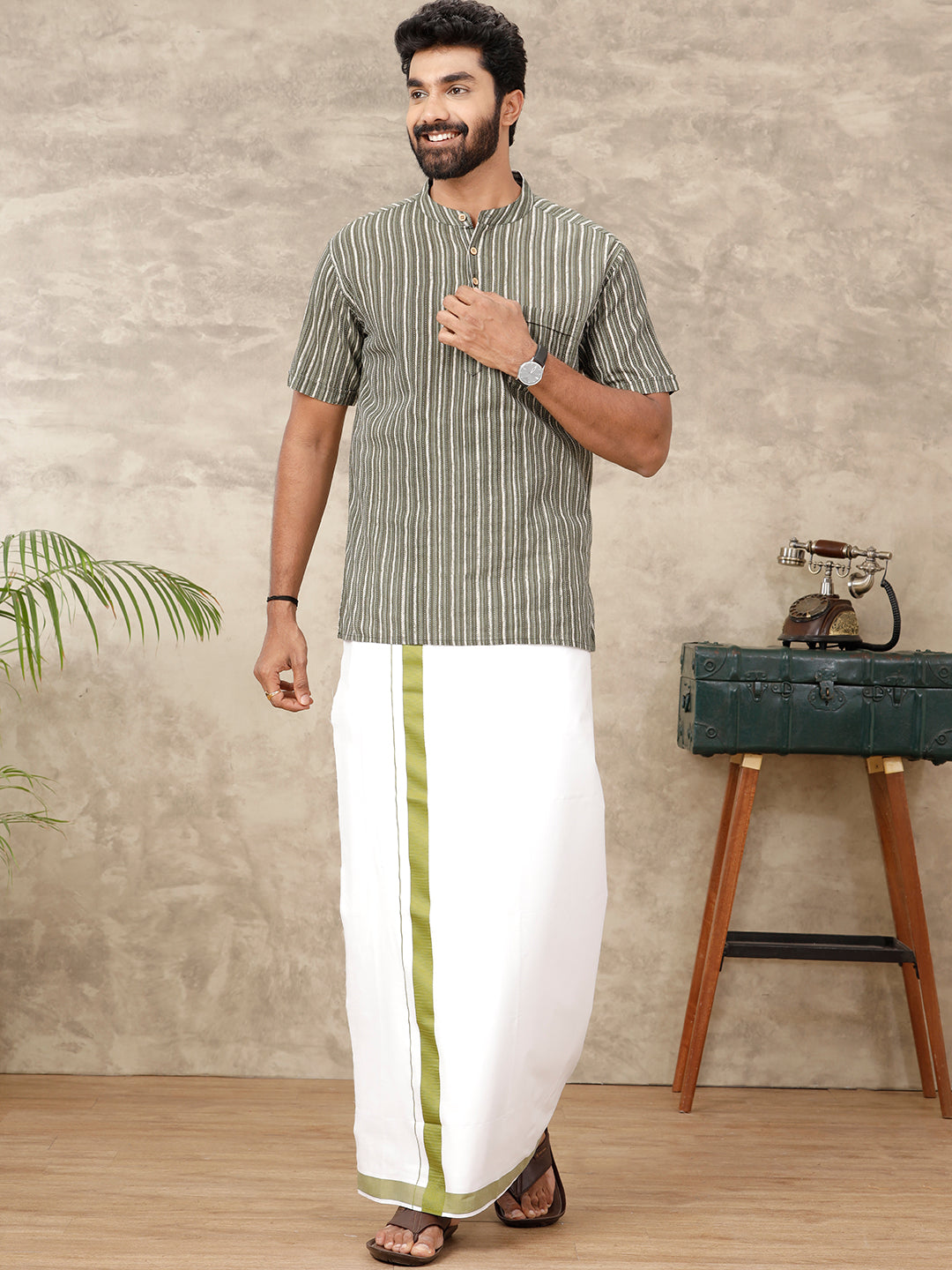 Men Green Fancy Border Double Layer White Dhoti RS04